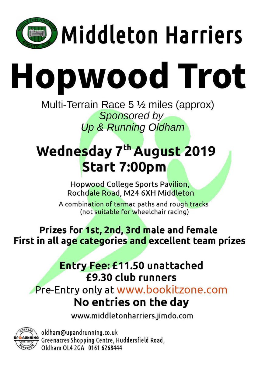 Middleton Harriers (@middharriers) on Twitter photo Not long to wait now for our Hopwood Trot race. Bookings being taken online <a href="/BookitZone/">BookitZone Ltd</a> we'd love to see you there! Not long to wait now for our Hopwood Trot race. Bookings being taken online <a href="/BookitZone/">BookitZone Ltd</a> we'd love to see you there!