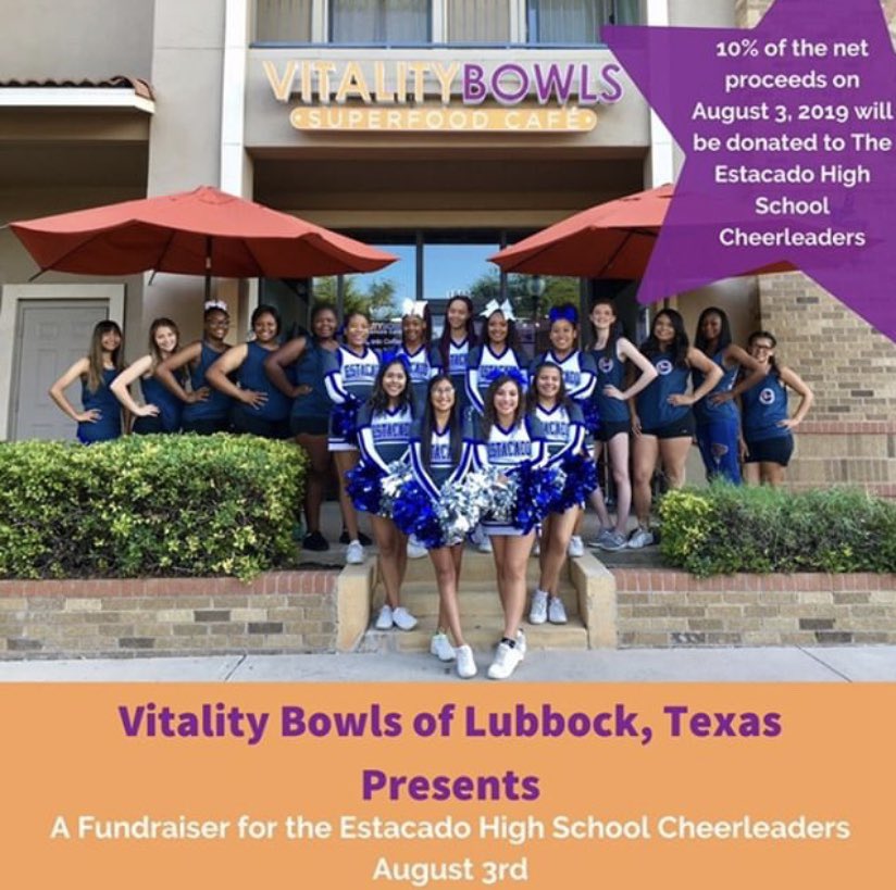 Come and support your EHS cheerleaders on Saturday August 3rd! We will be there from 10am to 6pm! 10% of all proceeds will go go Estacado cheer!                                         #lubbock #lubbocktx  #lubbocktexas  #lubbocklife #estacadohighschool #EHScheer #lubbockfoodie