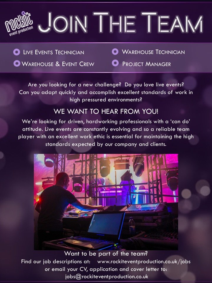 RockitEventProd's tweet photo. If you or someone you know love live events, have mad skills and are looking for a new challenge then head over to our jobs page and get in touch! We’re recruiting for a number of roles and we’re very excited to hear from you!
Head on over to: https://t.co/H0MvnXGm7m
#eventsprofs https://t.co/l5iN5HWPzZ
