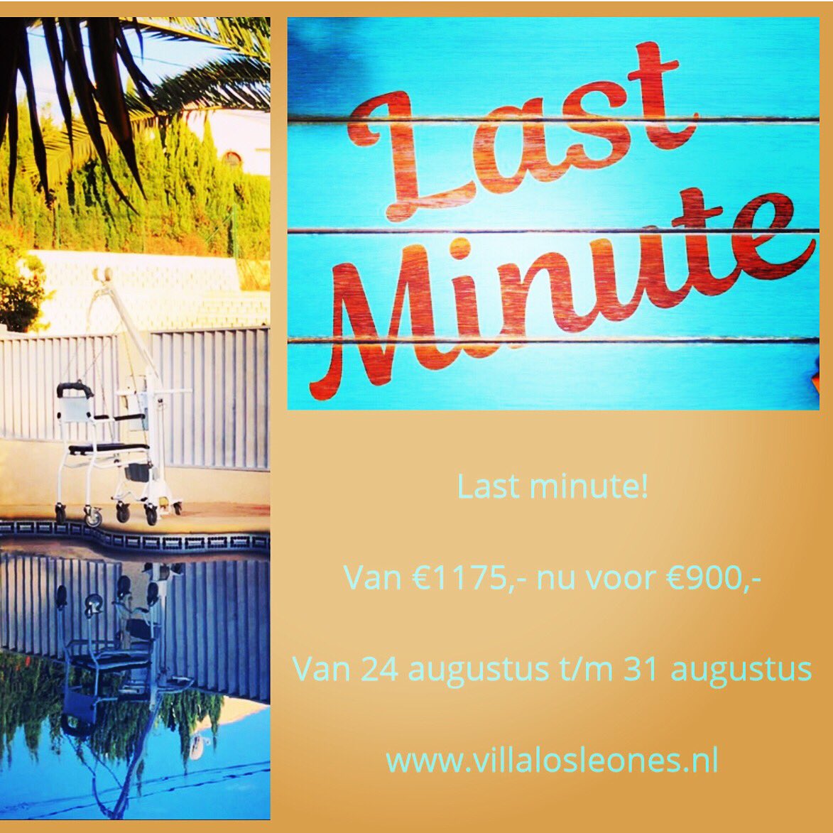 ♿️Last minute!♿️
Van 24 t/m 31 augustus
Van €1175,- nu voor €900,-
villalosleones.nl
#lastminute #spanje #rolstoel  #costablanca