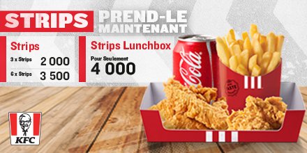 KFC_CDI's tweet photo. Au choix 3 strips pour 2000, 6 pour 3500 ou 
Commandez aujourd'hui la KFC Strips Lunchbox incluant une canette de Coca-Cola et une petite portion de frite pour 4000 ! https://t.co/oLTX4g2Df4