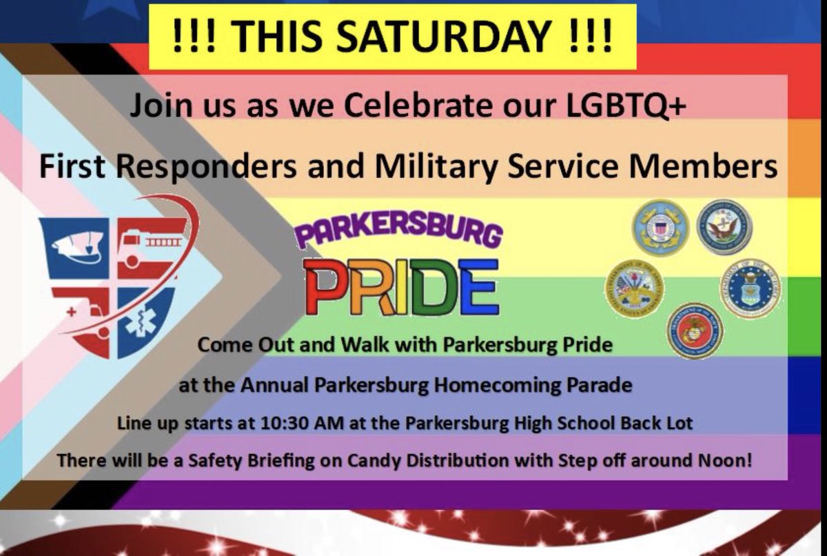 PKBPride's tweet photo. This Saturday, all y’all are welcome to join us and march with #Parkersburg #Pride in the homecoming parade!  Come join us! https://t.co/IwOFiNqCIB