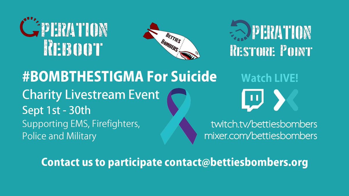 Bgrlgymnast's tweet photo. Looking for streamers who want to help a great cause!! Check out @BettiesBombers for more info. #OperationReBoot #MentalHealth #Military #FirstResponders #Gamers #Streamers #Charity #Mixer #Twitch #BombTheStigma https://t.co/BBcPhClqL1