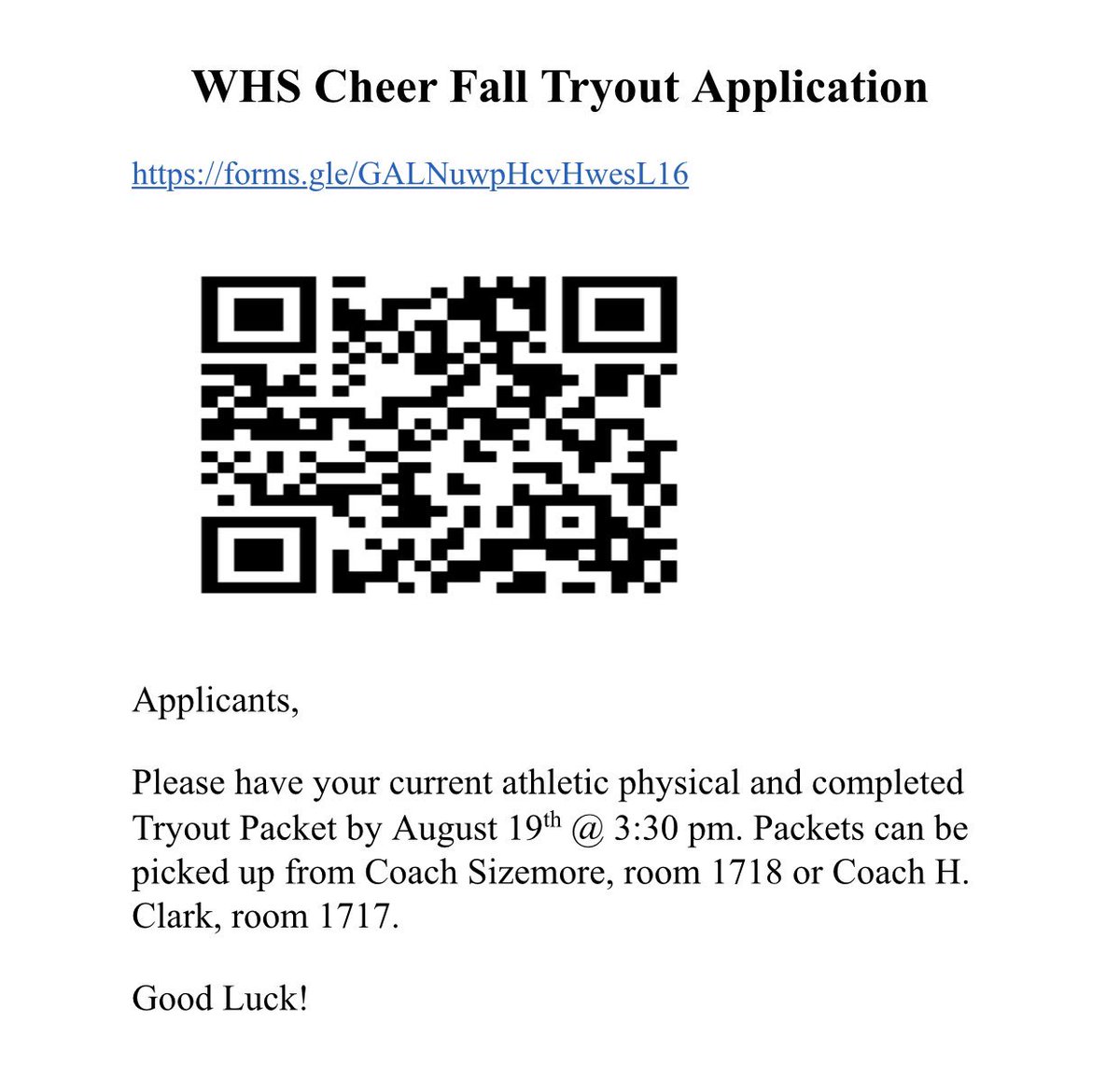 WestlakeCheer1's tweet photo. Fall tryouts are upon us for new students to Westlake😊 Please look for the QR code posted around the school to complete the online application. Bring your current athletic physical and completed tryout packet on Monday. Come prepared to work! #tryouts #tumbling #cheerface #stunt https://t.co/PyO4Lw34g1