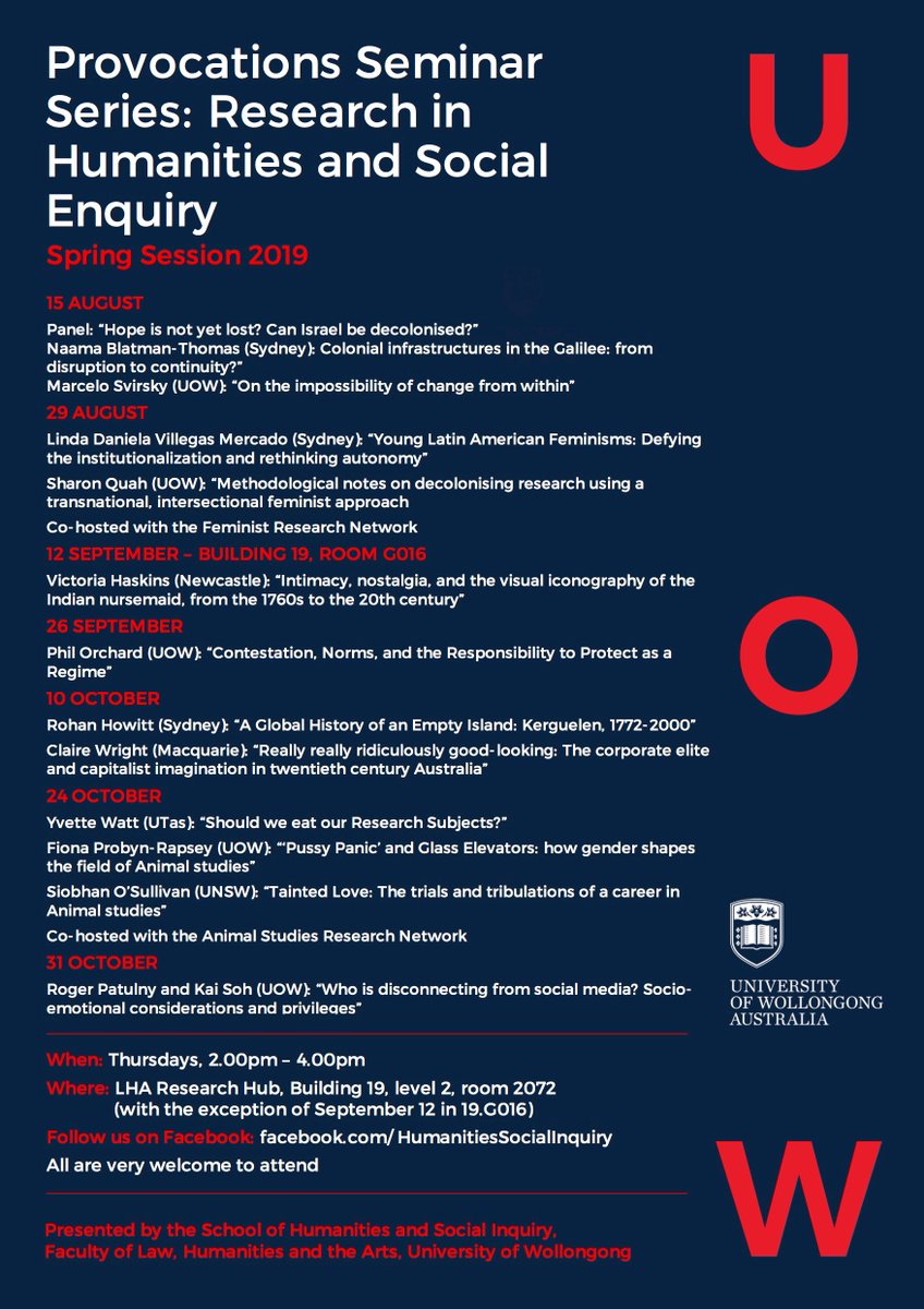 This semester's schedule for the Provocations seminar series within UOW's School of Humanities and Social Inquiry includes some CASS researchers and friends! Come along if you are available.