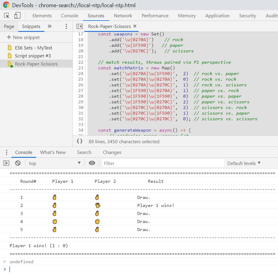 bleakwulf's tweet image. #ES6 snippet exercise
gagawin ko pa sana 
'yung rock-paper-scissors-lizard-Spock 
for extra challenge, 
kaso di pa pala available 
'yung unicode ng hand figure para sa lizard 
😆😆😆
#buhayProgrammer