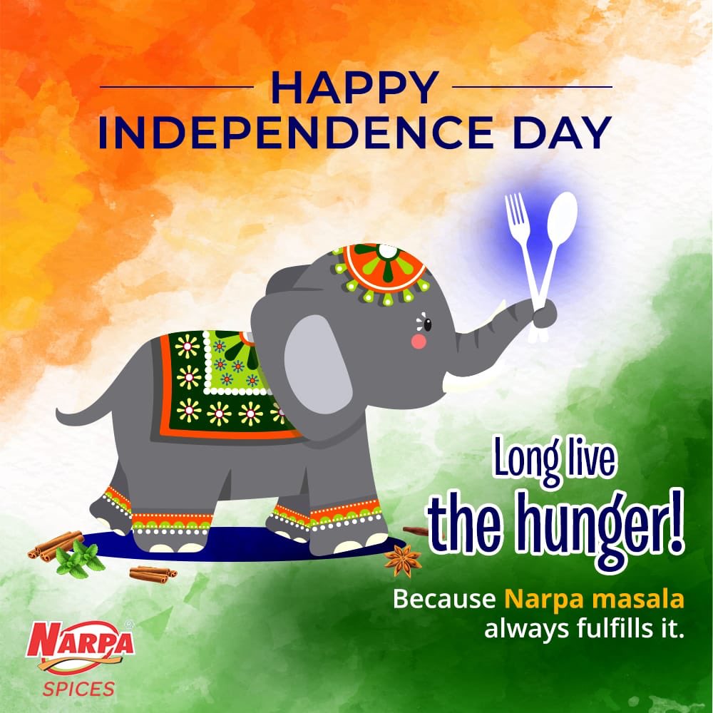 NarpaMasala's tweet photo. Let us honour the struggles of many bravehearts who fought for the country's freedom. Happy Independence Day 2019!                       #independenceday #happyindependenceday #narpa #narpaspices #proud #indian #celebrate https://t.co/WnTlnrxA9P