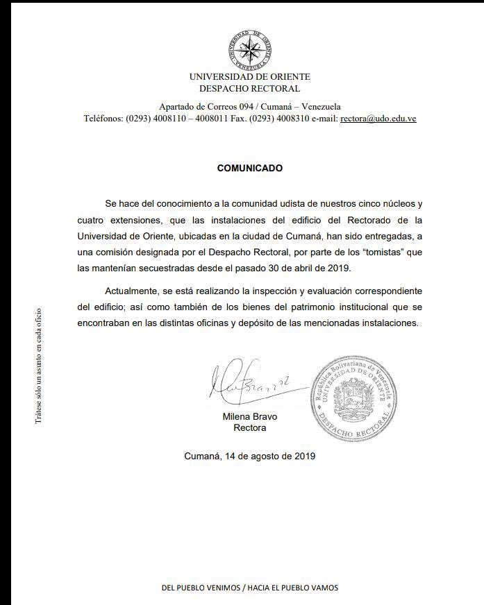 BarretoSira's tweet photo. #Atención ¡La Casa más Alta sigue de pie!

Recibimos con alegría noticia de que quienes tenían tomado el Rectorado de la Universidad de Oriente (UDO) cedieron ante la presión y acciones de toda la comunidad universitaria, que resistió y venció. La dignidad finalmente se impuso. https://t.co/pvLrqkZtJO
