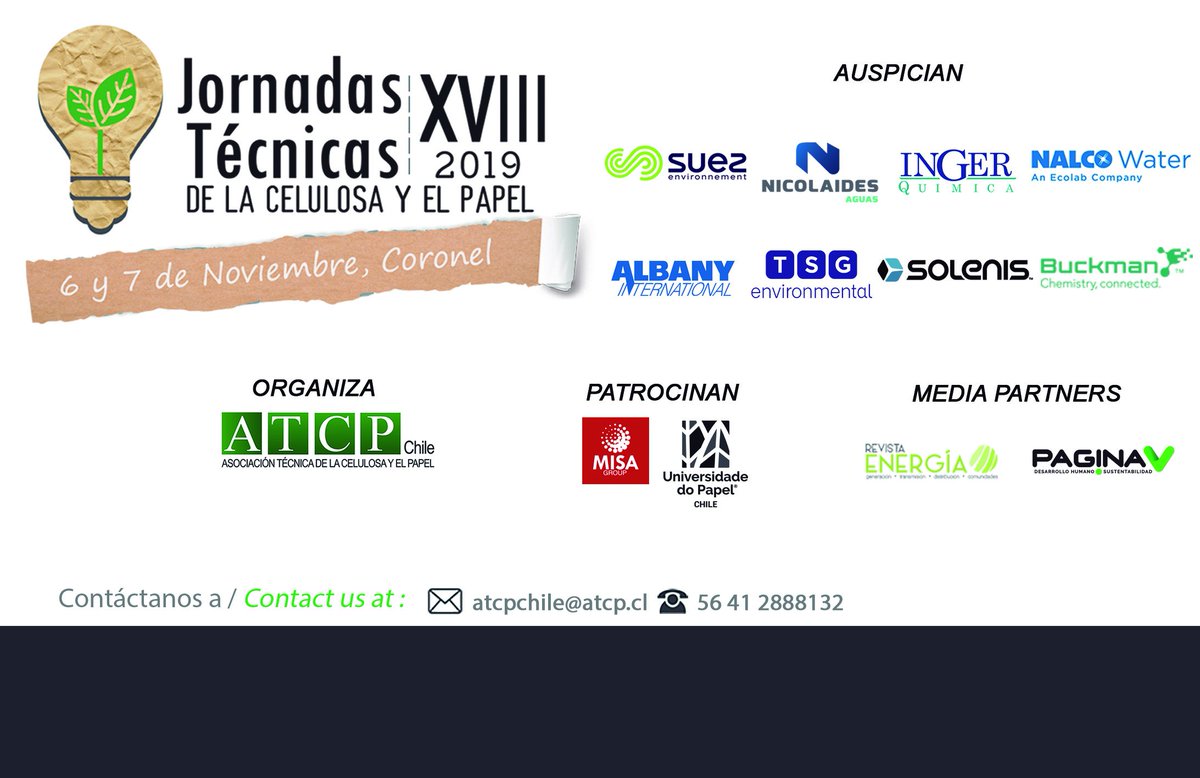 atcpchile's tweet photo. Las siguientes marcas son nuestros auspiciadores confirmados para las próximas Jornadas Técnicas 2019, a realizarse los días 6 y 7 de noviembre en recinto ferial Expocorma #ingerquimica #tsg #universidadedopapel #atcpinforma #desdeelbiobio #celulosa #pulp #papel #paper #fibra https://t.co/gHE9AhfNfU