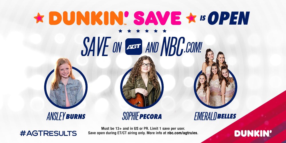 AGTAuditions's tweet photo. The #DunkinSave is now open! Vote to save your favorite act now! #AGTResults https://t.co/20yar0wpkf