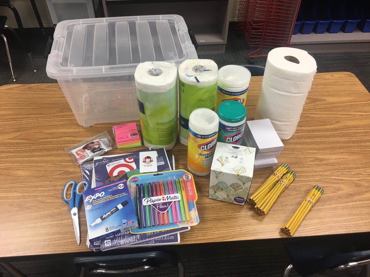 KinderGiraffes's tweet photo. Gloria Dei Church hosted their second annual supply bash tonight and it was a huge success! 
They also spoiled all the teachers with our own supply bin filled with lots of goodies! @gdlchouston 
#theyearofWE https://t.co/Q8nW2A7anG