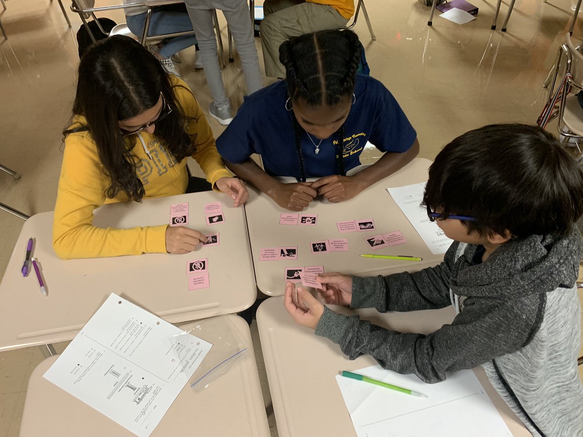 STEMagillPSMS's tweet photo. Science students @palmspringsms interacted with Science Safety today by matching lab symbols with descriptions and understanding lab safety rules with a lego rap and scenario cards. @superherobarbie @PBCSDScience @pbcsd #LearningIsFun #ClassIsOverAlready https://t.co/jZnUYBjdPZ