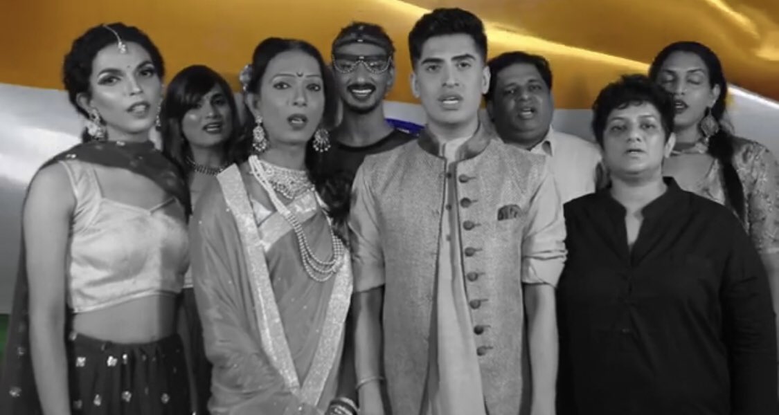 thedivasushant's tweet photo. Here is my rendition of the national anthem with people who are LGBTQIA+ in India. This is the first year we celebrate Independence after section 377 of the Indian penal code has been struck down. 
We are all one. 
Happy Independence Day , India. 
https://t.co/oIOaqaAWRH https://t.co/gbc0IjL7IE