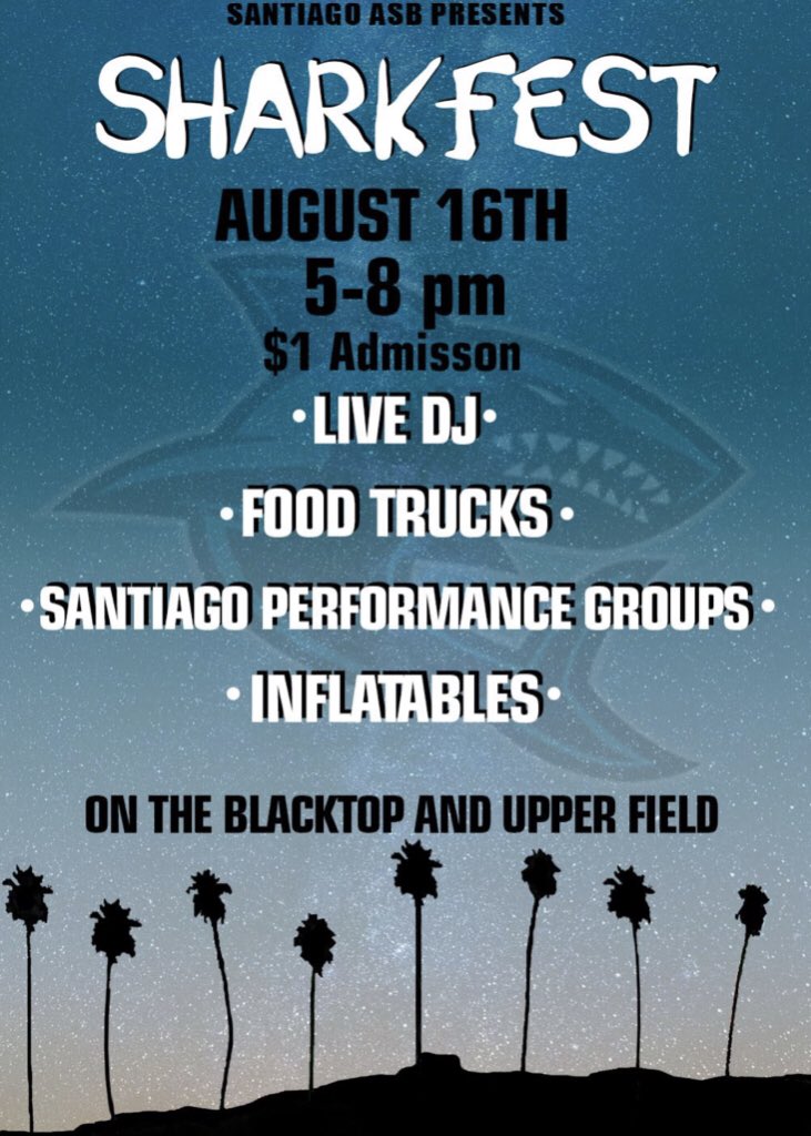 🦈 S H A R K F E S T🦈
when: This Friday❗️
where: Upper field/basketball courts
admission: only $1💵
Come with your Friends and Families for some Fun,food-trucks,performances, &amp; inflatables!!! 🍦🌭🍔🌮🍧
Hope to see you there sharks!!🌟