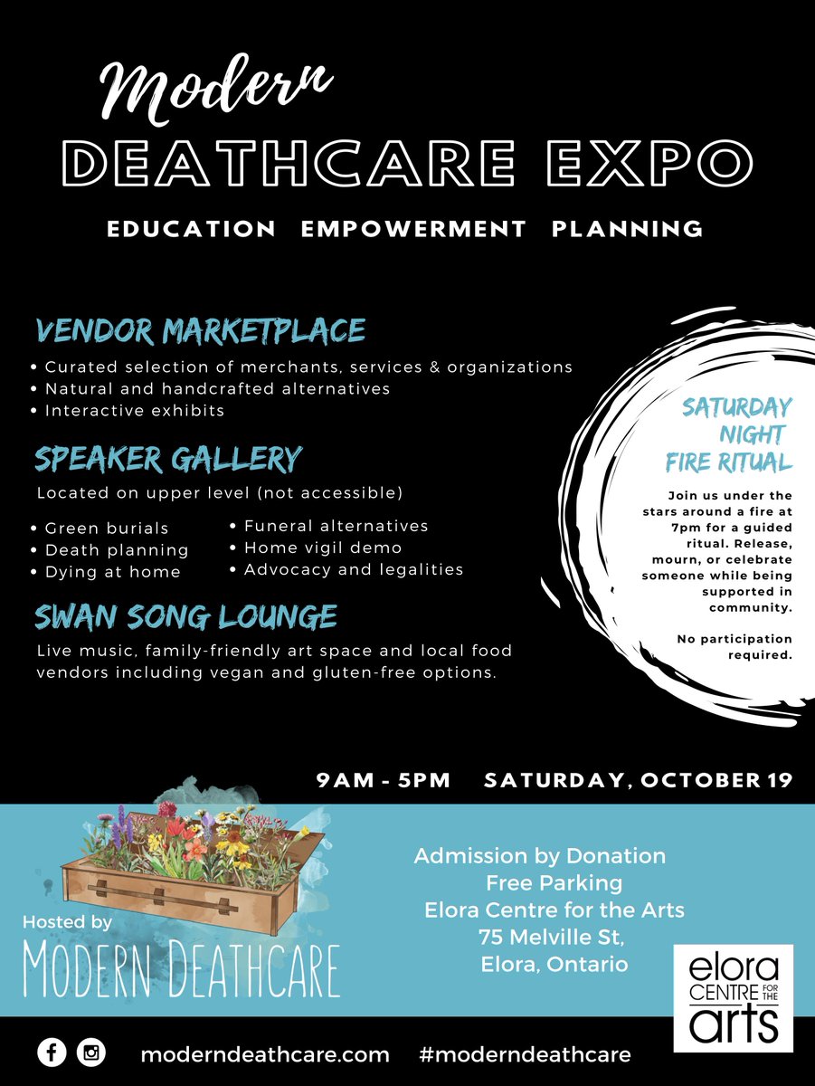 mswillms's tweet image. The mission of Modern Deathcare Expo is education, empowerment and planning.
#deathcare #moderndeathcare #moderndeathcareexpo #swansongfestival #deathdoula #deathliteracy #greenburial #deathplanning #Elora #DIYdeathcare
#DIYdeath #homefunerals #dyingathome #EloraCenterforthearts