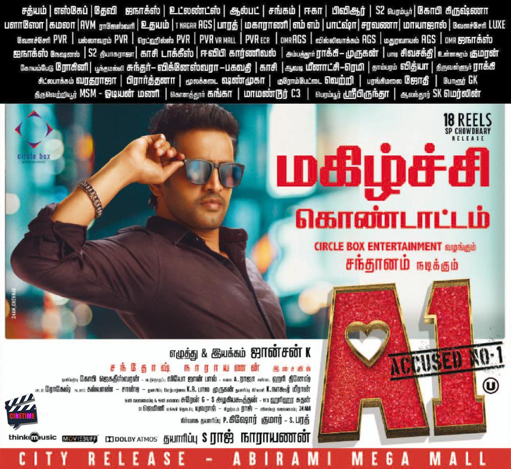 CineTimee's tweet photo. #A1 ! மகிழ்ச்சி கொண்டாட்டம் !
#BlockBusterHitA1 ! @iamsanthanam ! @taraalisha01 !
#CineTimee ! https://t.co/lIGdUNtgvB