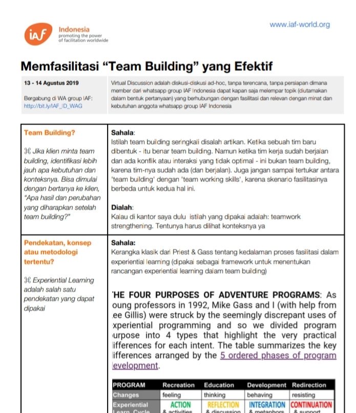 facilitatornet's tweet image. Yep, I'm tired watching mindless #conversation in several #whatsappgroup I joined that TBH I care about only a few; one of them is @IafIndonesia So here it is, to proof you - and my self - that a #virtualgroup CAN BE productive when a #facilitator is there to help group #cocreate