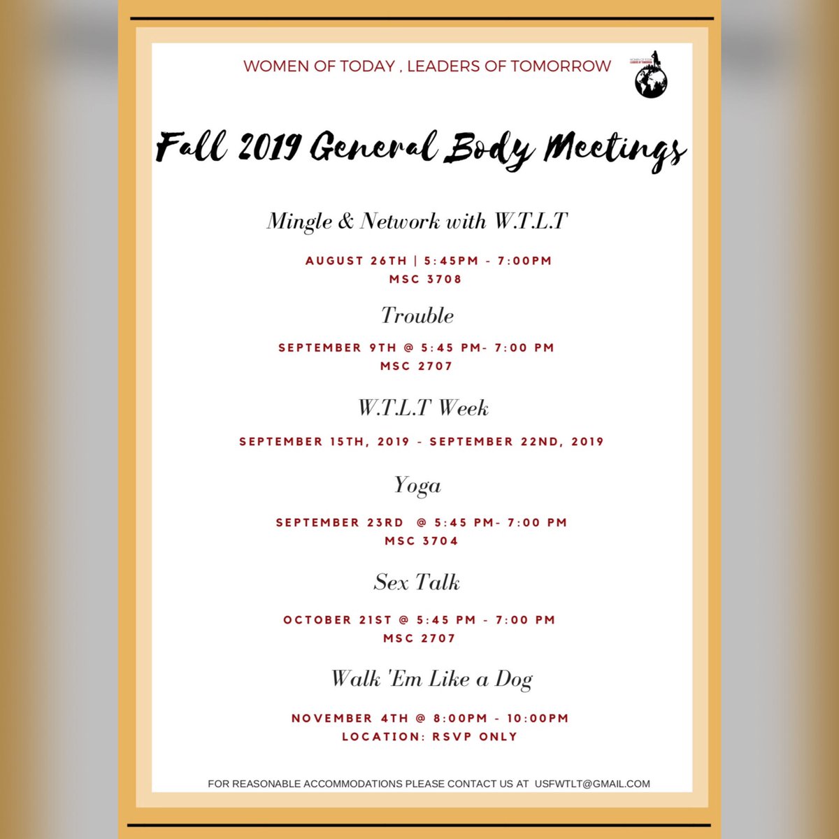 usfwtlt's tweet photo. This Fall W.T.L.T. will be holding General Body Meetings on Monday’s from 5:45pm to 7:15pm. Ladies &amp; Men are welcomed and loght refreshments will be provided! See you there ✨ #WTLT #USF23 #USF22 #USF21 #USF20 #USF19 #USFWTLT https://t.co/ehcviT0tIF