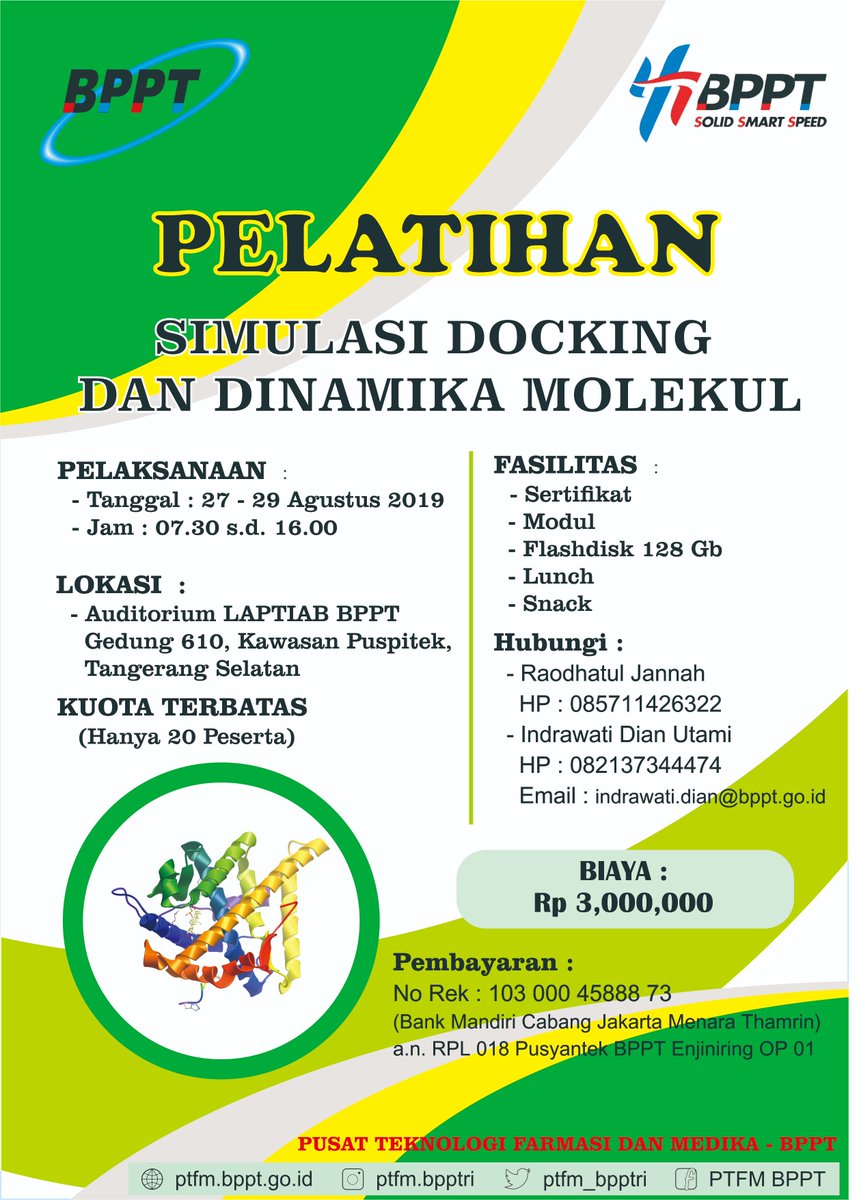 ptfm_brin's tweet image. Pusat Teknologi Farmasi dan Medika akan melakukan PELATIHAN SIMULASI DOCKING DAN DINAMIKA MOLEKUL pada tanggal 27-29 Agustus 2019. 
Catat tanggal mainnya dan segera daftar karena kuota terbatas
@BPPT_RI  
#simulasidocking
#moleculardynamic
#homologymodelling