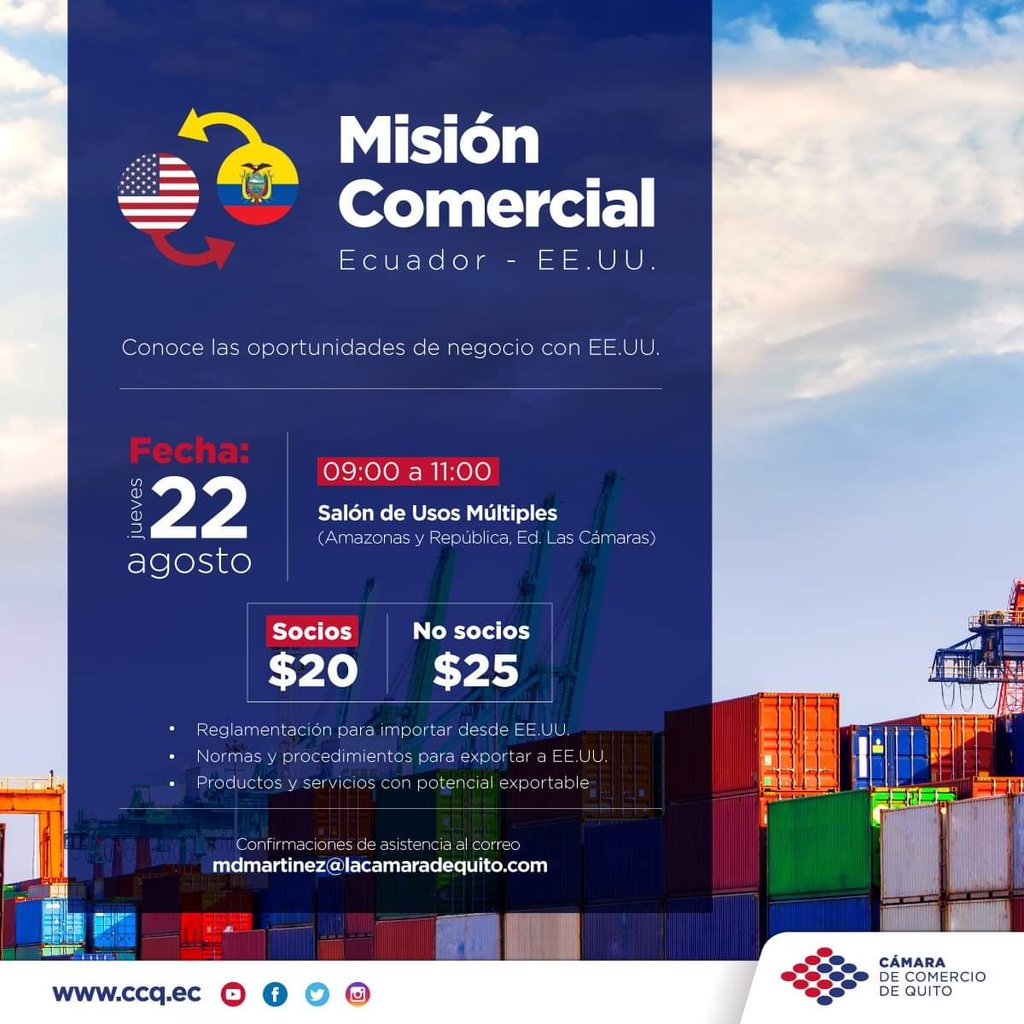 Cámara de Comercio de Quito (@lacamaradequito) on Twitter photo #CCQEventos
¡Ven y conoce las oportunidades de negocio con E.E.U.U!
✅Requisitos para importar
✅Normas y procedimientos de exportación
✅Productos y servicios
Más información aquí 👉 mdmartinez@lacamaradequito.com #CCQEventos
¡Ven y conoce las oportunidades de negocio con E.E.U.U!
✅Requisitos para importar
✅Normas y procedimientos de exportación
✅Productos y servicios
Más información aquí 👉 mdmartinez@lacamaradequito.com