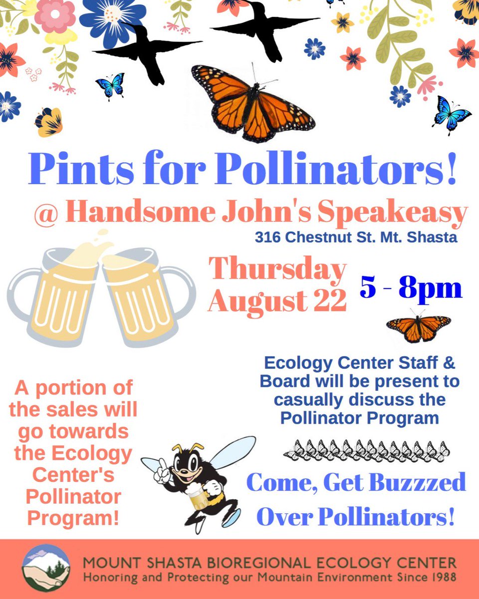 MtShastaEco's tweet photo. Come on out! We look forward to seeing you in such a casual setting to talk about our #PollinatorProgram at Handome John's! 
This is a FUNdraiser where a portion of all proceeds will go towards the pollinator program.
🐝 https://t.co/VDbxCQ7par