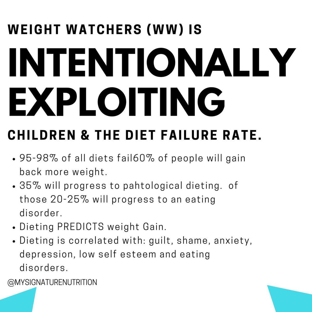 MySignatureNutr's tweet photo. @ww_us Be honest. It’s all about increasing your bottom line by preying on innocent youth and manipulating them to believe that health, happiness and self worth come from changing your body at all costs. This is Diet Culture. #WakeUpWeightWatchers @BALANCEedtc https://t.co/pbxJln2MHv