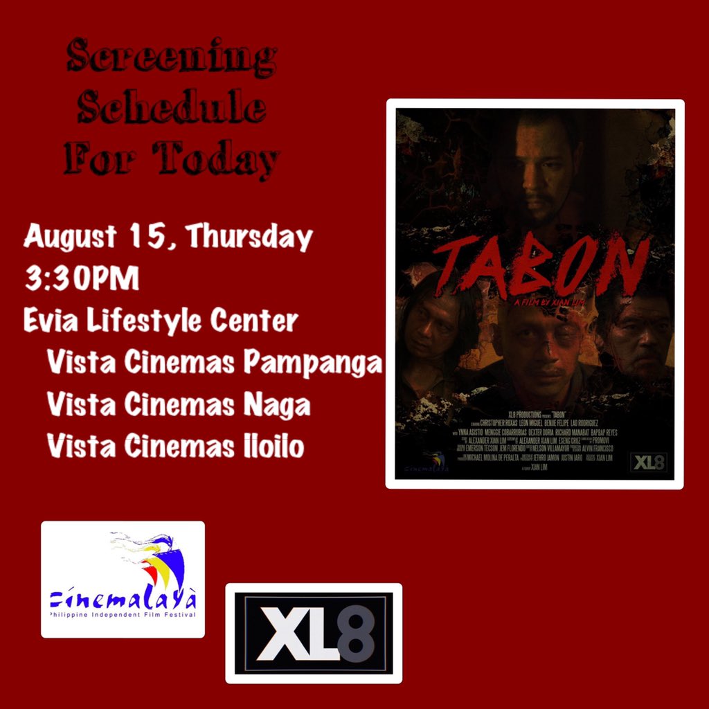 UnifiedKimXian's tweet photo. Catch #Tabon today at 3:30PM at the following theaters. #XianLim #Cinemalaya2019 https://t.co/6wAdHMtBJW