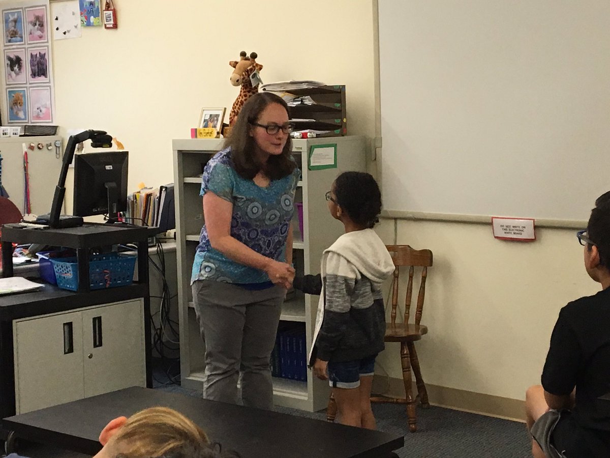 PrincipalSPark's tweet photo. Mrs. Eberhart (4th grade teacher) teaching students how to shake hands for greetings! Capturing Kids Hearts is a huge part of Freedom! #goodeyecontact #lifeskills #chk  #DaretobeRemarkable @ppinco https://t.co/qEmoZsWoEF