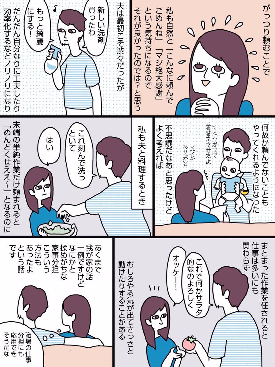 家事分担、どうしてる？？家族でも恋人でも友人でも、誰かと住むって価値観のぶつかり合い。
1人で背負い込みがちなわたしと、「頼んでくれたらやるのに」系の夫。長年悩んでたけど、こうやったら意外とうまくいったよ！という漫画です。… 