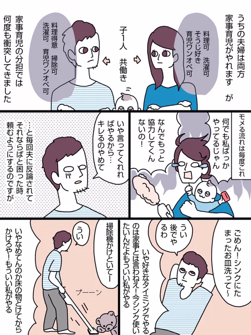 家事分担、どうしてる？？家族でも恋人でも友人でも、誰かと住むって価値観のぶつかり合い。
1人で背負い込みがちなわたしと、「頼んでくれたらやるのに」系の夫。長年悩んでたけど、こうやったら意外とうまくいったよ！という漫画です。… 
