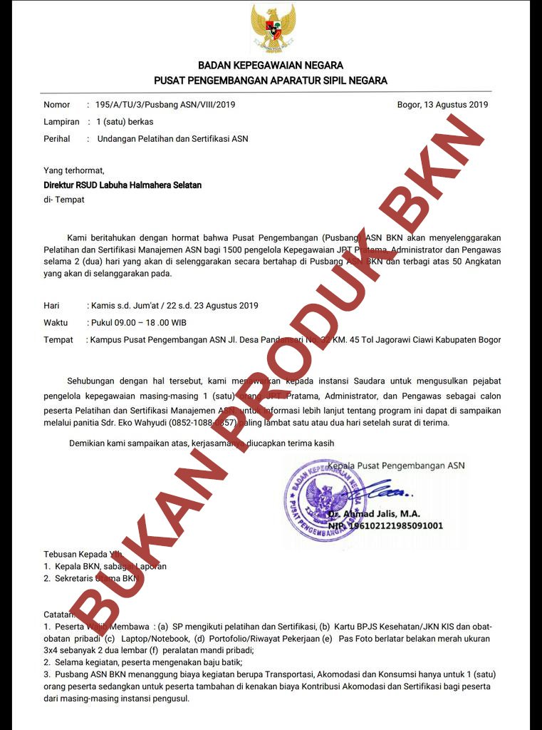 BKNgoid's tweet photo. #SobatBKN, beredar surat palsu mengatasnamakan Kepala Pusat Pengembangan ASN BKN mengenai Pelatihan dan Sertifikasi Manajemen ASN.
Mimin pastikan surat tersebut bukan merupakan produk BKN dan hati-hati terhadap penipuan ya #SobatBKN
#BKNSemangatUntukNegeri 
#ReformasiBirokrasiBKN https://t.co/82p5eUXks5