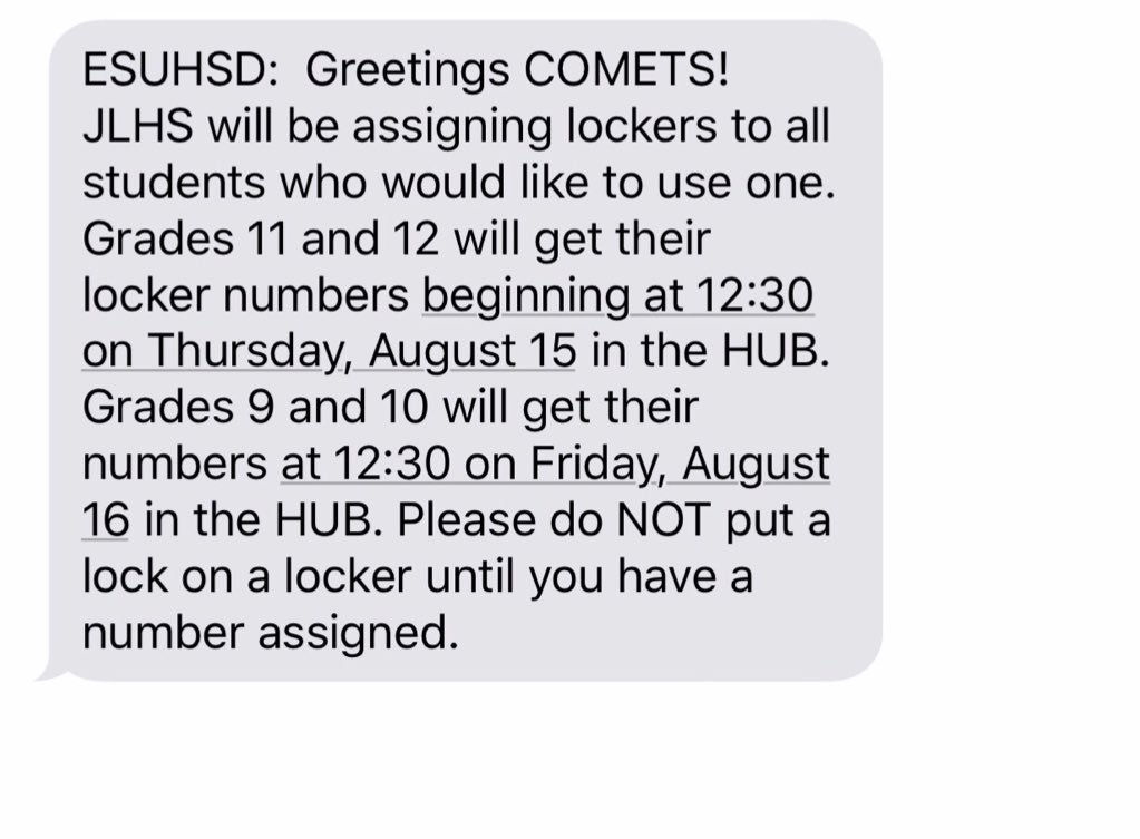 jlhscomets's tweet photo. Yes, it’s true! Your hard work and petition worked! We will be distributing lockers tomorrow to 11th &amp; 12th graders and Friday to 9th &amp; 10th graders after 12:30 in the Hub. Don’t forget to bring your locks and PLEASE do not put a lock on a locker if it wasn’t assigned to you https://t.co/lXcDaPoaNs