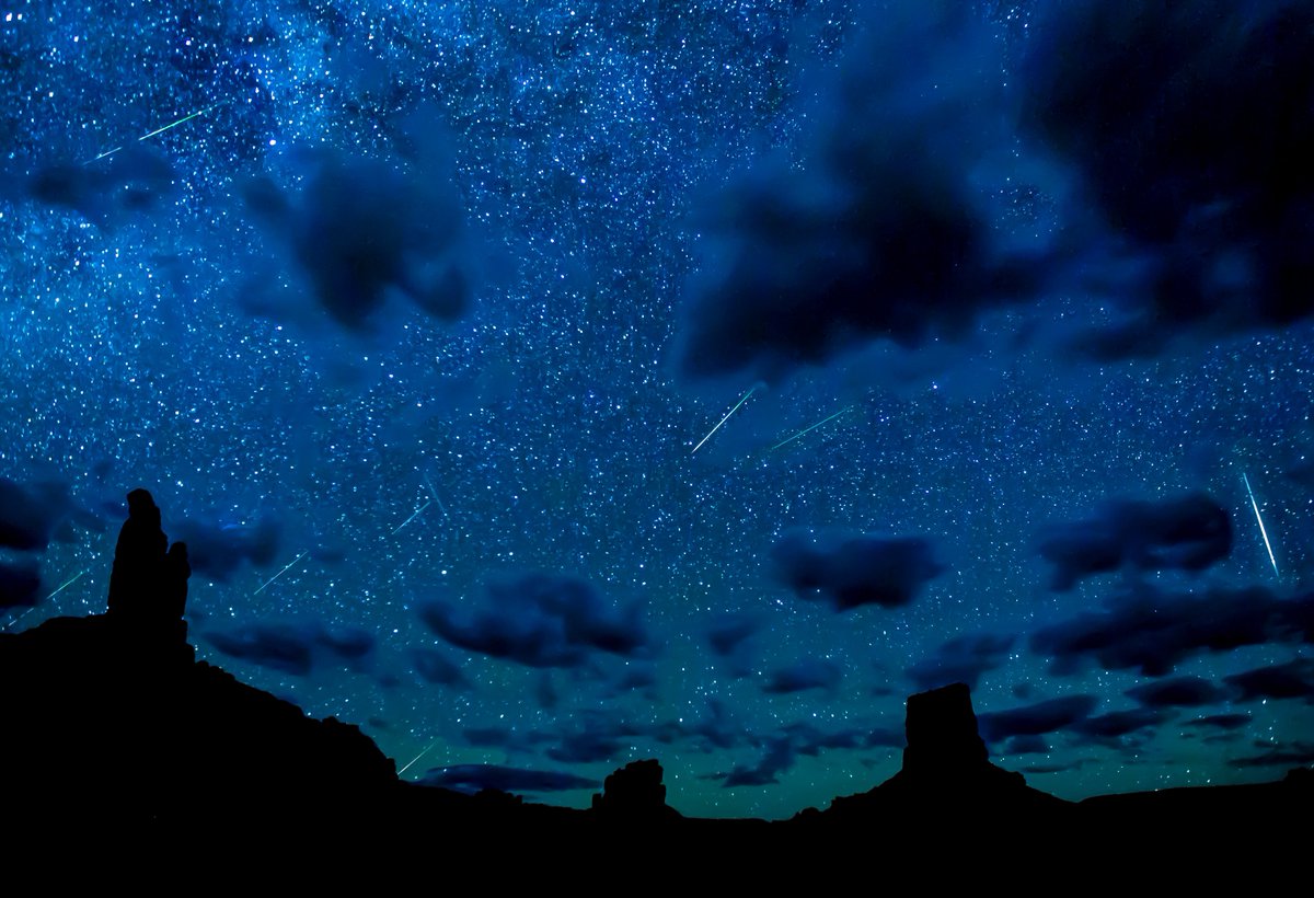 BLMUtah's tweet photo. If you haven't seen it yet, the #PerseidMeteorShower is still visible! Head out to #publiclands, away from as much light as possible to enjoy a late night under the vast #nightsky. This composite picture was taken and produced last year from #ValleyoftheGods by #BobWick. https://t.co/NGmdWwv3aa