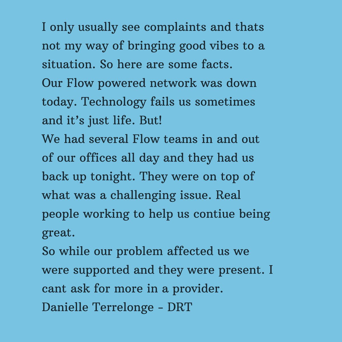 danielle_drt's tweet photo. Acknowledging the people who work behind @flowjamaica It’s not that we won’t have technology failure it’s how it’s dealt with and I’m thrilled to say they attended to us in a real way. Thank you. https://t.co/Qf1eprKeTL