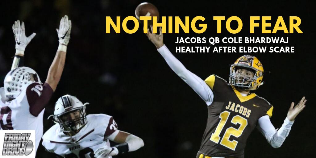 .<a href="/HDJ_Athletics/">Jacobs Athletics</a> QB <a href="/ColeBhardwaj02/">cole bhardwaj</a> feared the worst when he felt his elbow pop while playing travel baseball last month.

The senior, however, escaped with only a strain and is ready to lead a formidable Golden Eagles' offense. fridaynightdrive.com/2019/08/14/jac…