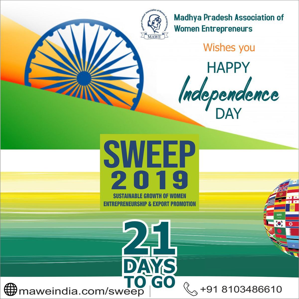 IndiaMawe's tweet photo. Madhya Pradesh Assodiation of Women Entrepreneurs wishes you a very Happy 73rd Idependence Day! 🇮🇳
Let's hope and pray for a great year full of Prosperity,  Peace and Harmony.
#IndependenceDayIndia #HappyIndependenceDay #IAMINDIAN #IndiaIndependenceDay #VandeMataram https://t.co/a8NLZQdJaj
