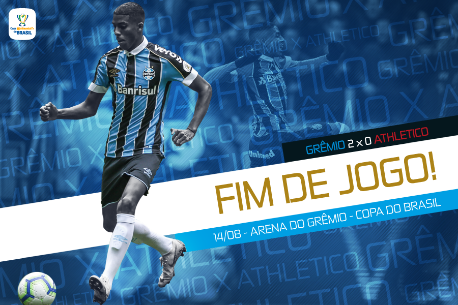 Gremio's tweet photo. FIM DE JOGO: #Grêmio 2x0 @AthleticoPR 
Com gols de André e Jean Pyerre, vencemos o primeiro confronto da semifinal da #CopaDoBrasil e levamos vantagem importante para a segunda partida!
🏆🏆🏆🏆🏆⚽🇪🇪 #GRExCAP #PuroSentimento #VamosTricolor https://t.co/nEfMWraCVp