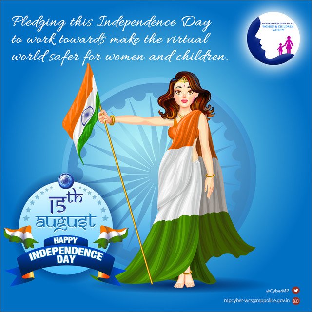 CyberMP's tweet photo. Independence Day is a day of celebration to freedom. Let us all pledge to make the online &amp; offline world safe for women and children. 
Be cyber safe!
Wishing you a very Happy Independence Day. #IndependenceDayIndia #cybersecurity #cybercrime #womensafety https://t.co/KVxUvF8YSK