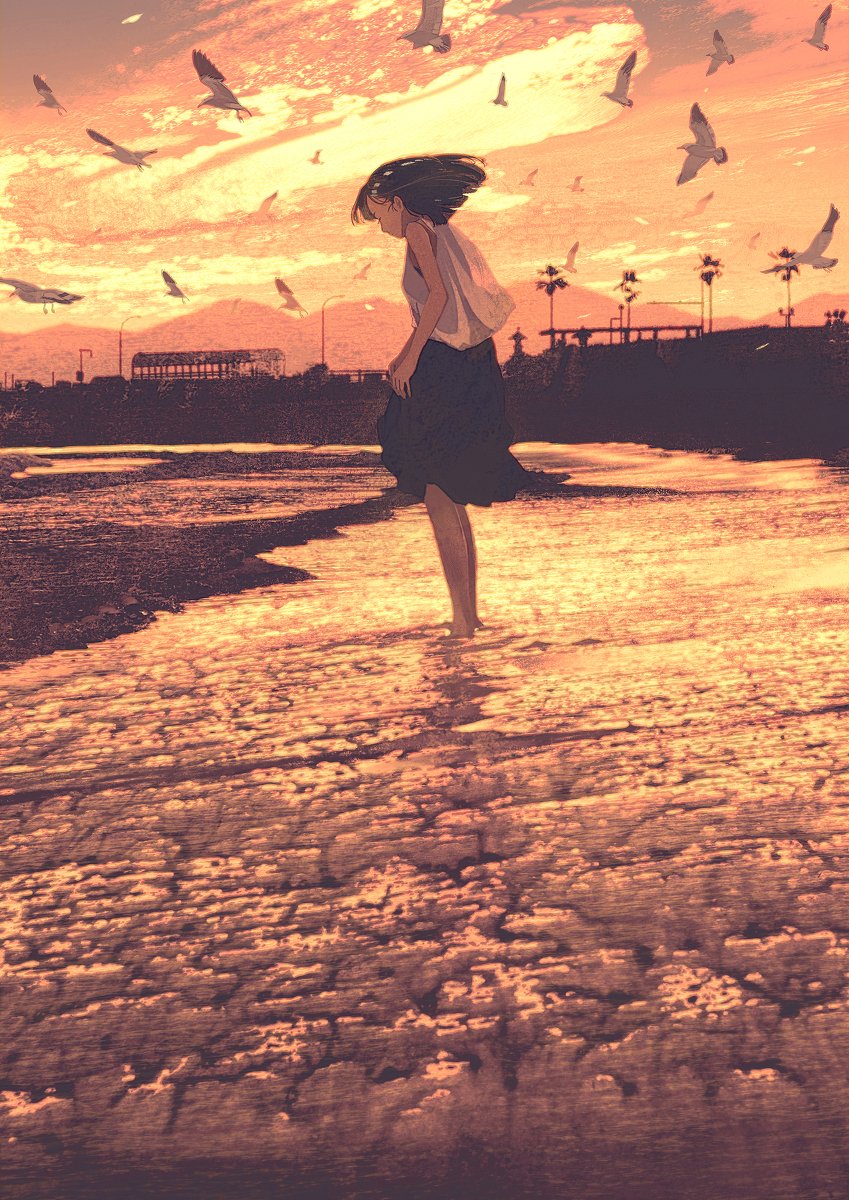 「溶けゆく私 #女の子 #オリジナル #風景 #海 #砂浜 #海岸 https:/」|げみのイラスト