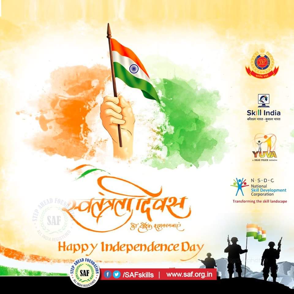 SAFindia_org's tweet photo. #स्वतंत्रता_दिवस की हार्दिक शुभकामनायें। 
Greetings to all Indians across the globe on our #IndependenceDay🇮🇳. 
#JaiHind
@NSDCINDIA @MSDESkillIndia https://t.co/w2CS34lPUc