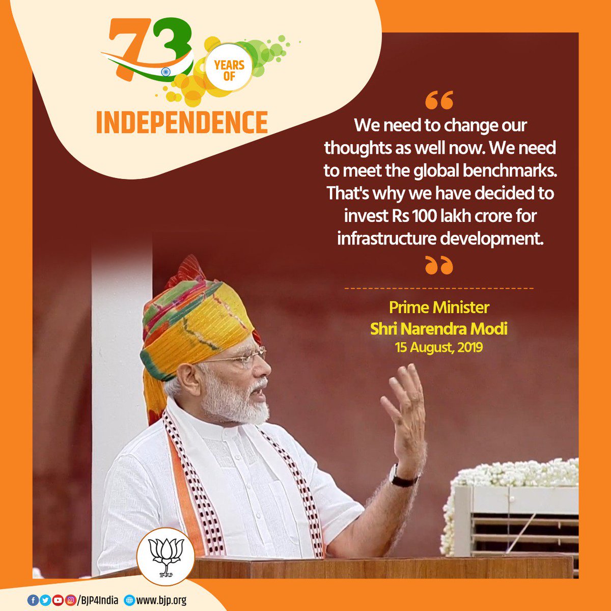 BJP4India's tweet image. We need to change our thoughts as well now. We need to meet the global benchmarks. That&apos;s why we have decided to invest Rs 100 lakh crore for infrastructure development: PM Shri @narendramodi #स्वतंत्रतादिवस