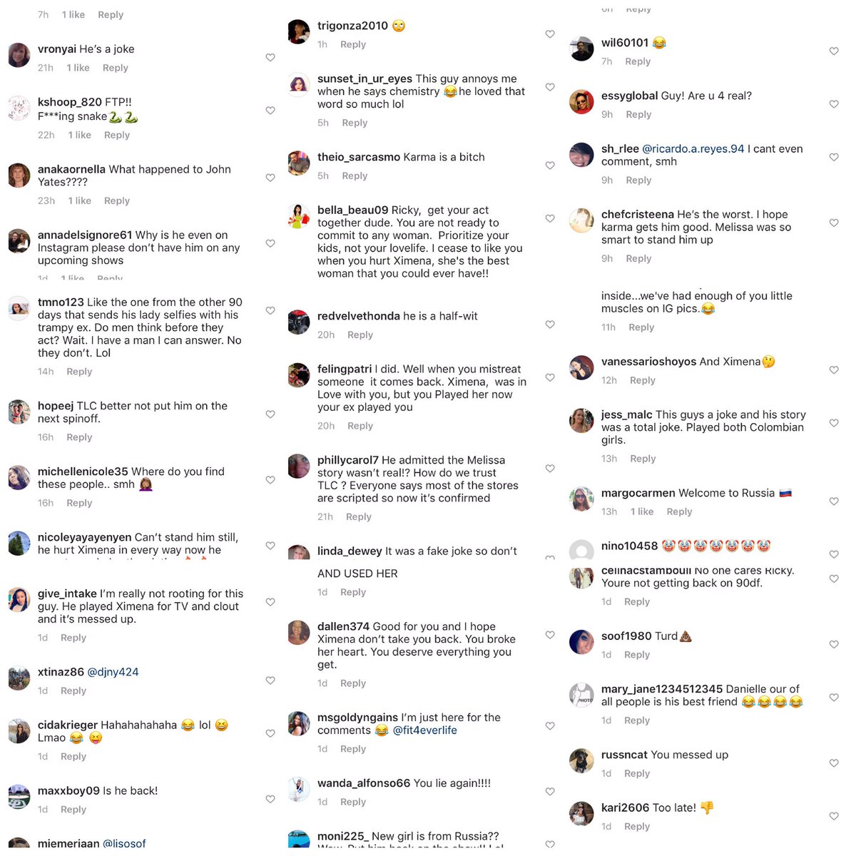 JohnYates327's tweet photo. What the world, including Ximena, thinks of Ricky Reyes on a fan page that Ricky promotes... #OhTheIrony #YouCantMakeThisUp #OnceASnakeAlwaysASnake #DanielleJballisBestFriend #FannyPack #RickyReyes #90DayFiance #90dayfiancebeforethe90days https://t.co/Sm6BBFciCg