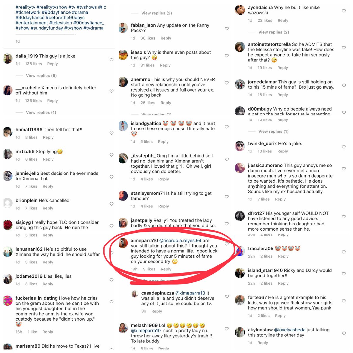 JohnYates327's tweet photo. What the world, including Ximena, thinks of Ricky Reyes on a fan page that Ricky promotes... #OhTheIrony #YouCantMakeThisUp #OnceASnakeAlwaysASnake #DanielleJballisBestFriend #FannyPack #RickyReyes #90DayFiance #90dayfiancebeforethe90days https://t.co/Sm6BBFciCg