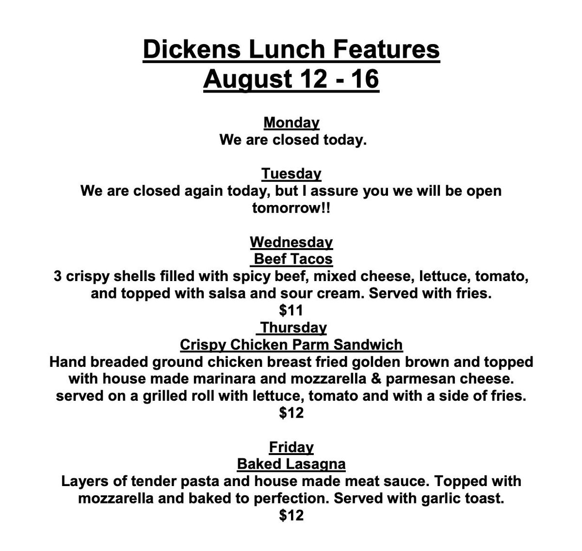 Lunch Features For Aug 12 - 16 at Dickens 1000 9 Ave SW #yyc #foodie #calgary #pub #Lunchtime #august