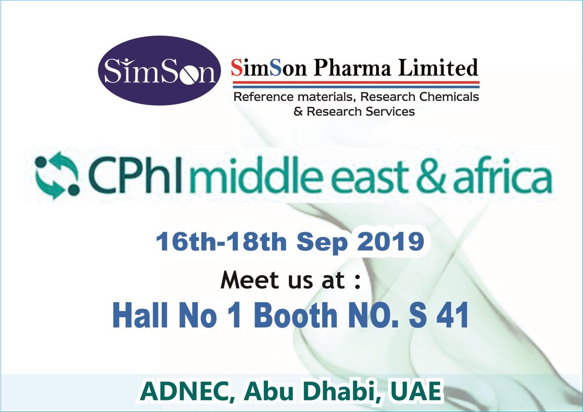 Simsonpharma's tweet photo. #SimSonPharma is exhibiting in upcoming exhibition #CPHI middle east &amp; africa" – Abu Dhabi
#Meet us at Hall No. 1, Booth No. S41, Date: 16th to 18th Sep 2019 https://t.co/w5dVwuMg5a
