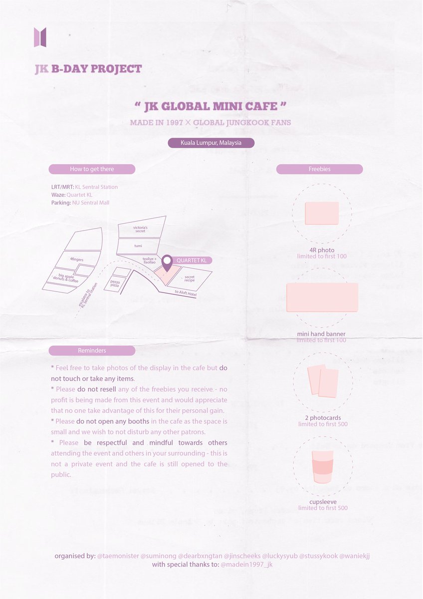 suminong's tweet photo. GLOBAL JK CAFE by @madein1997_jk in Kuala Lumpur, Malaysia 🇲🇾

Quartet KL, Nu Sentral
September 1, 2019 (Sunday)
11AM - finish

KL Team:
@taemonister @dearbxngtan @luckysyub @jinscheeks @waniekjj @stussykook

#GLOBALJKCAFE_KL

See you there!! 🥰💕 https://t.co/n6EzNt9kr7