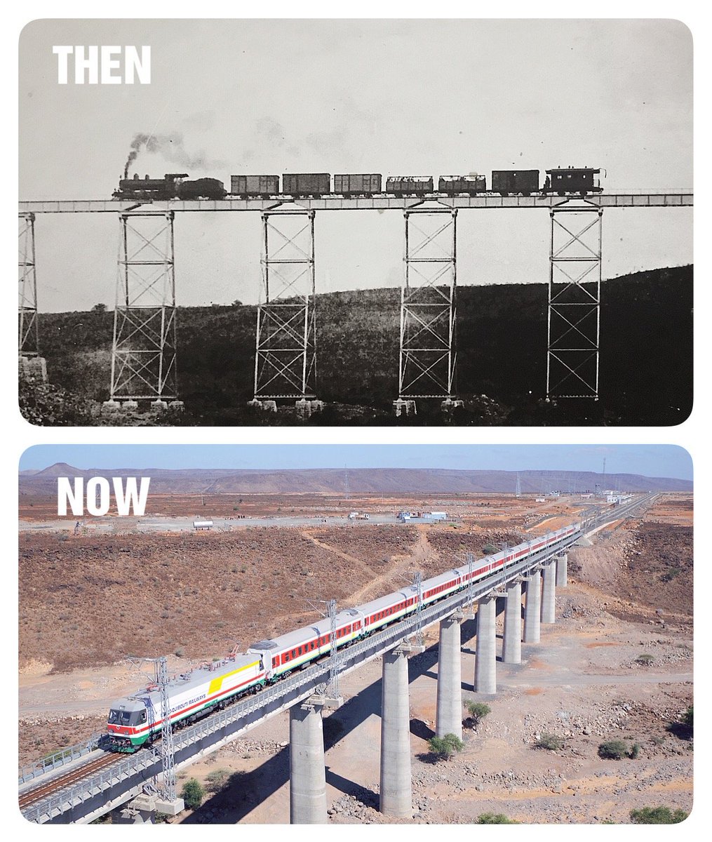 CCECC8's tweet photo. 👀Did you know the behind story of the #AddisAbabaDjiboutiRailway? What are the differences between the old one and the new one? The images below, make us realize all over again how the Addis Ababa-Djibouti Railway changes then and now. #ThenVsNow #Ethiopia #Africa https://t.co/6ErZ8rabPr