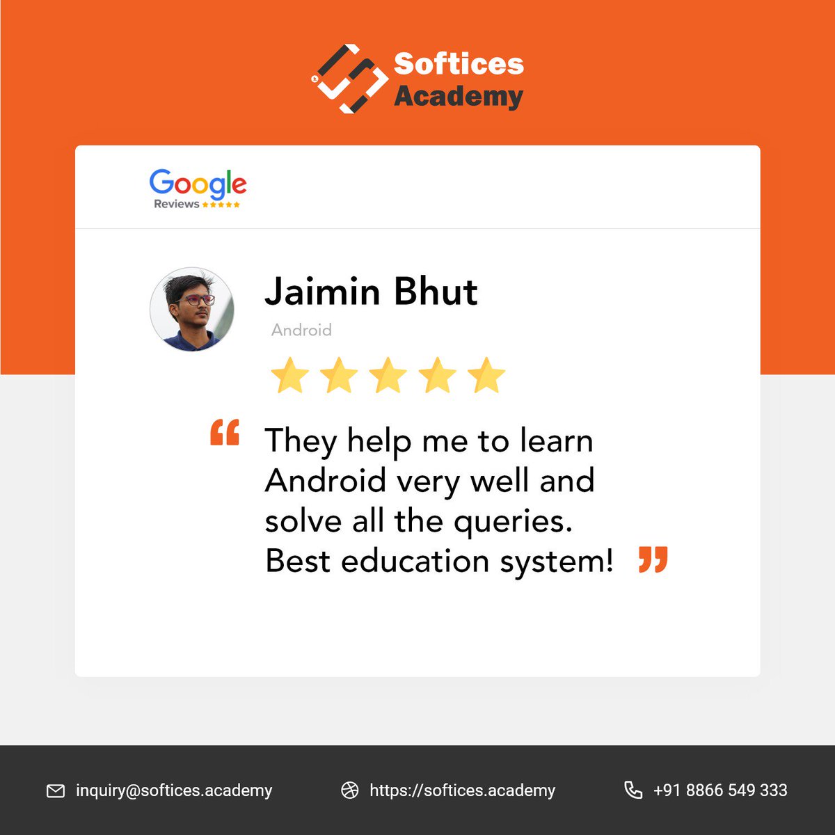 softicesacademy's tweet image. We’re grateful to receive your wonderful feedback Jaimin Bhut.
Three cheers to him! 
#Review #HappyStudent #AndroidLearning #ReviewPost #AndroidCourse #SofticesAcademy #BestAndroidTraining