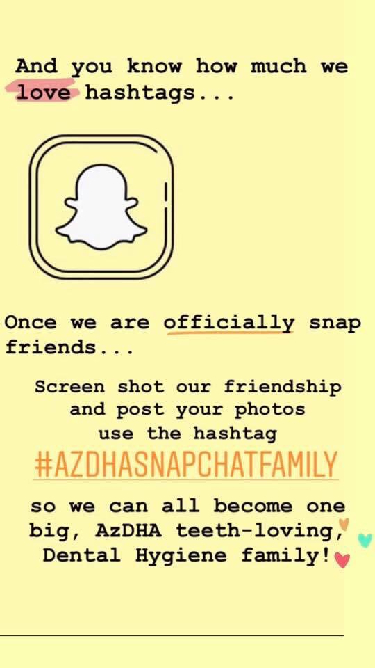 AZhygiene's tweet photo. We are excited to announce our new AzDHA Snapchat!!! Friend us, stay connected, and help us build our community. Directions are posted below. ๐ต๐๐ฆท๐๐ #AzDHA #ADHA #AZDHASNAPCHAT #AzHygiene https://t.co/iw73h2rjcJ