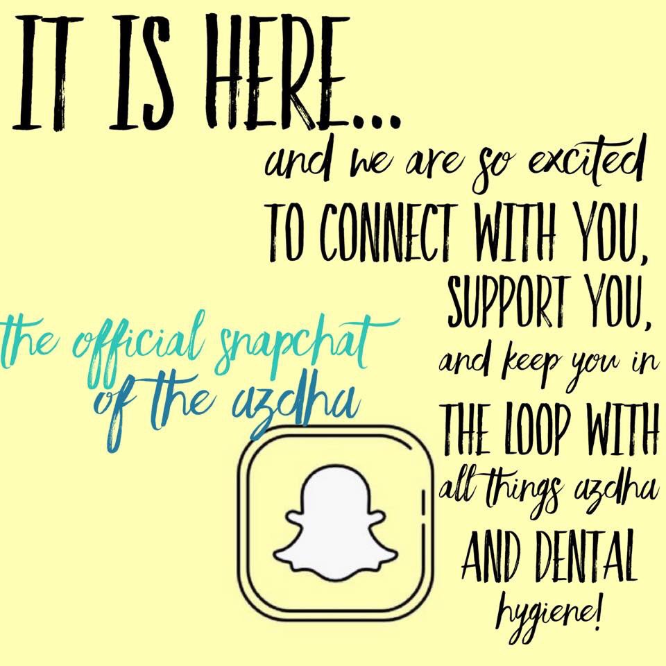 AZhygiene's tweet photo. We are excited to announce our new AzDHA Snapchat!!! Friend us, stay connected, and help us build our community. Directions are posted below. ๐ต๐๐ฆท๐๐ #AzDHA #ADHA #AZDHASNAPCHAT #AzHygiene https://t.co/iw73h2rjcJ